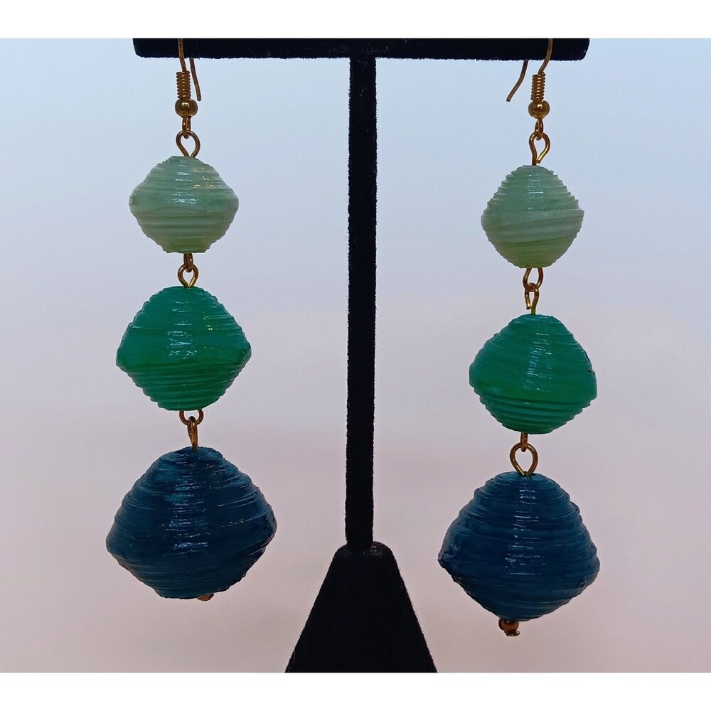 Ombre Shades Of Green Enamel Coated Paper Bead Dangle Earrings 3.5 in